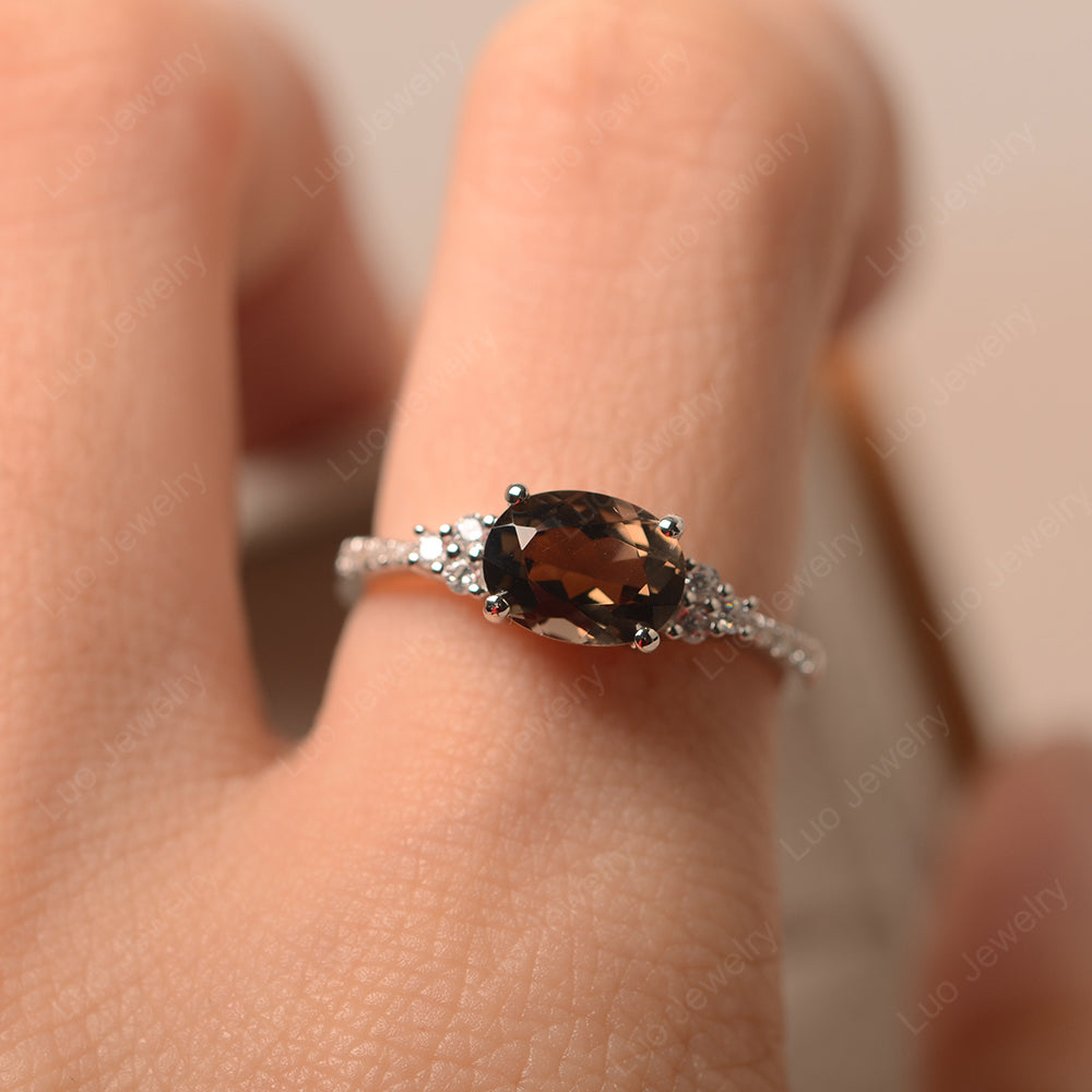 Horizontal Oval Cut Smoky Quartz Engagement Ring - LUO Jewelry