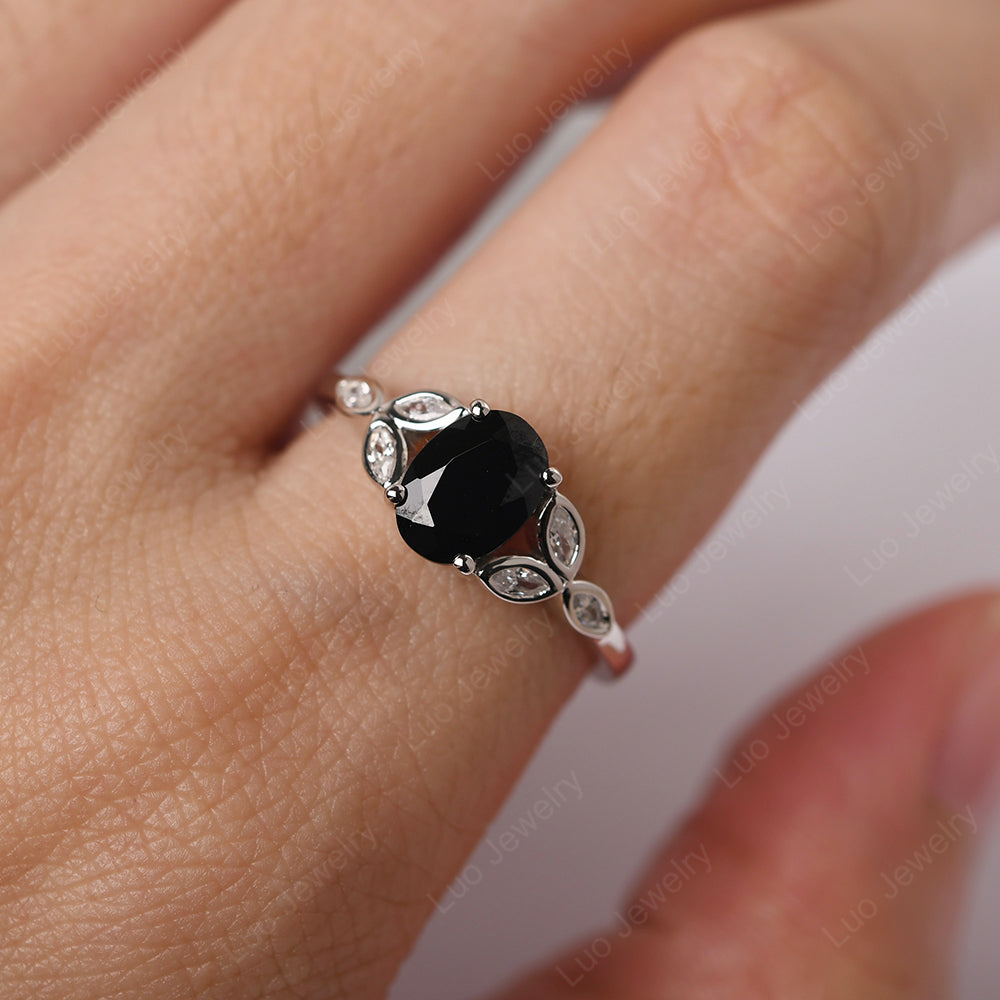 Black Stone Vintage Oval Engagement Rings Silver - LUO Jewelry