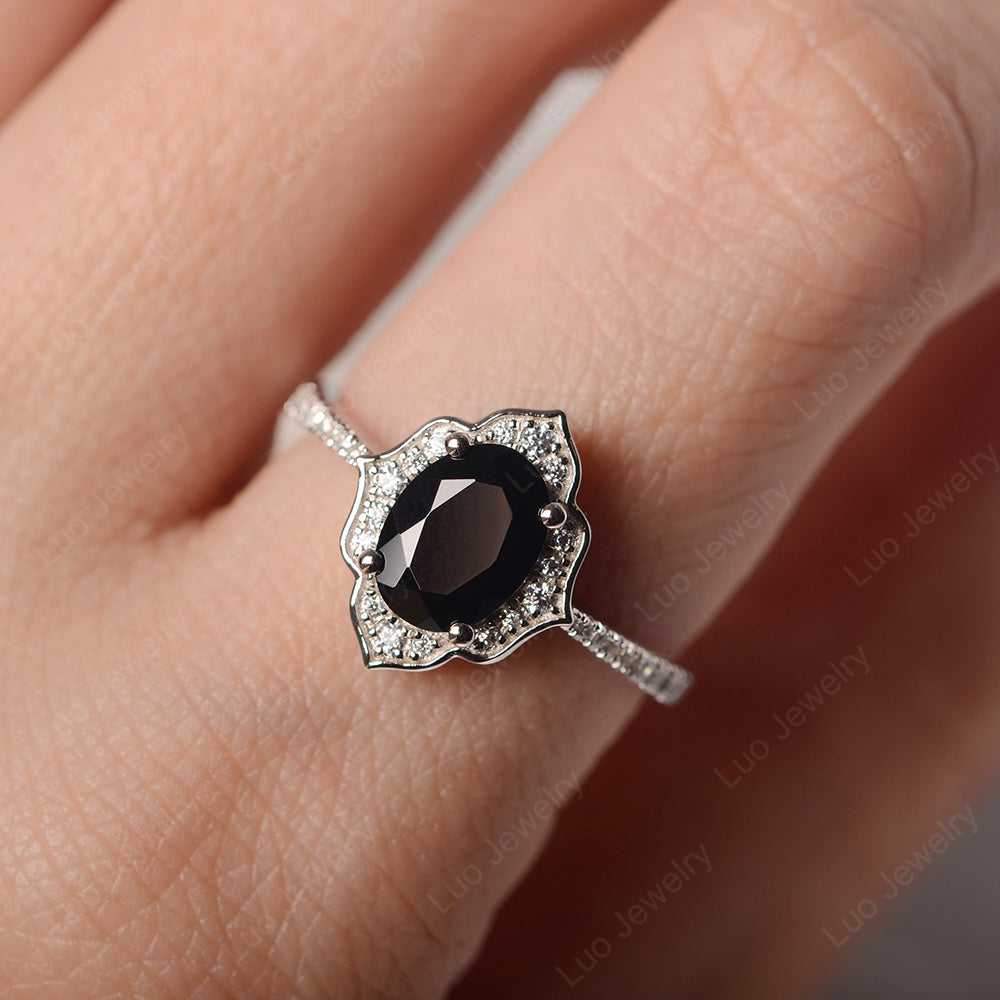 Black Stone Vintage Oval Halo Engagement Rings - LUO Jewelry