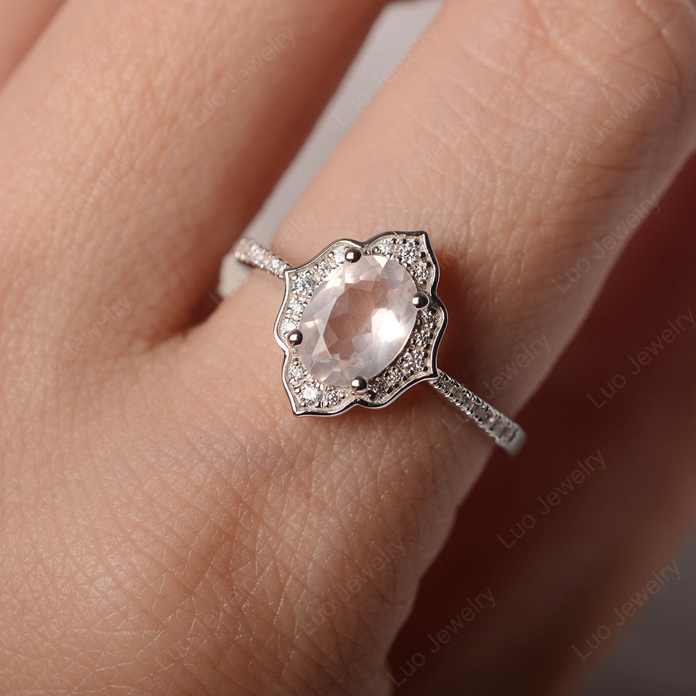 Rose Quartz Vintage Oval Halo Engagement Rings - LUO Jewelry