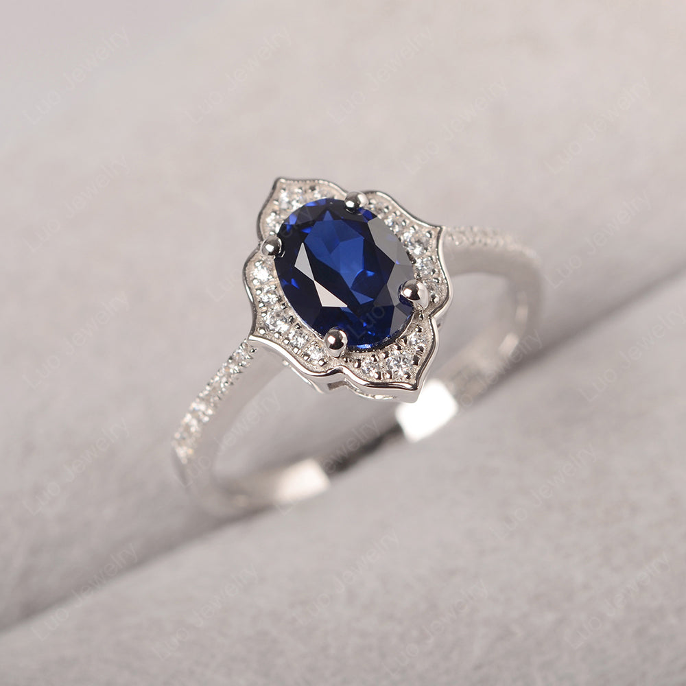 Lab Sapphire Vintage Oval Halo Engagement Rings - LUO Jewelry
