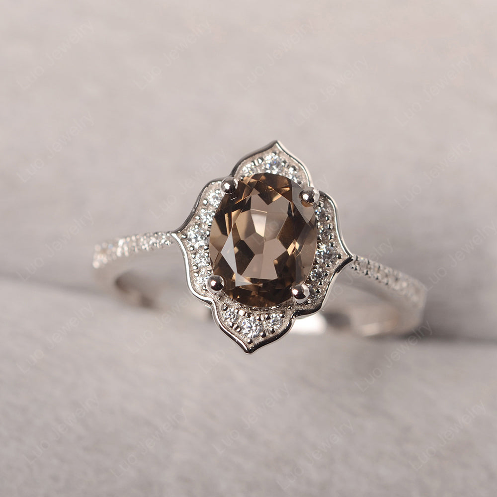 Smoky Quartz Vintage Oval Halo Engagement Rings - LUO Jewelry