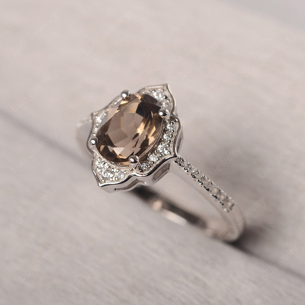 Smoky Quartz Vintage Oval Halo Engagement Rings - LUO Jewelry