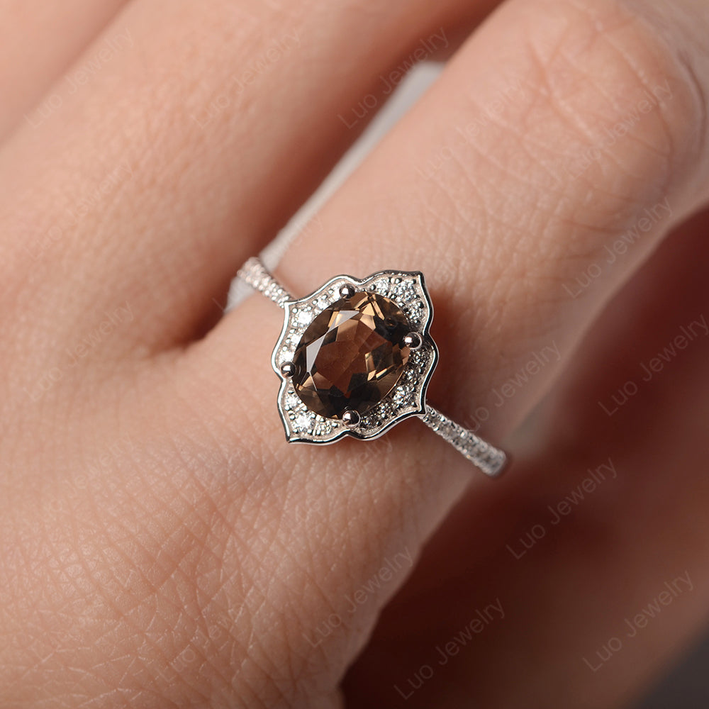 Smoky Quartz Vintage Oval Halo Engagement Rings - LUO Jewelry