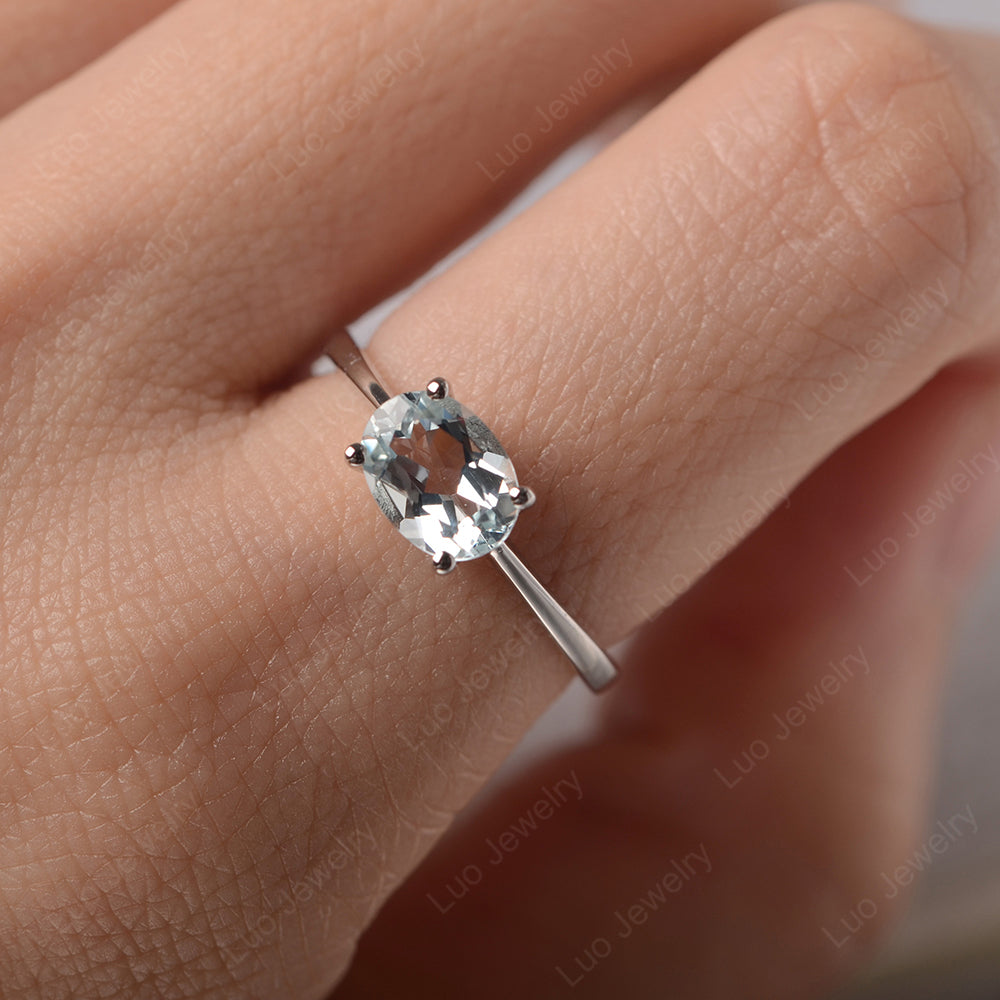 Aquamarine Horizontal Oval Solitaire Engagement Rings - LUO Jewelry