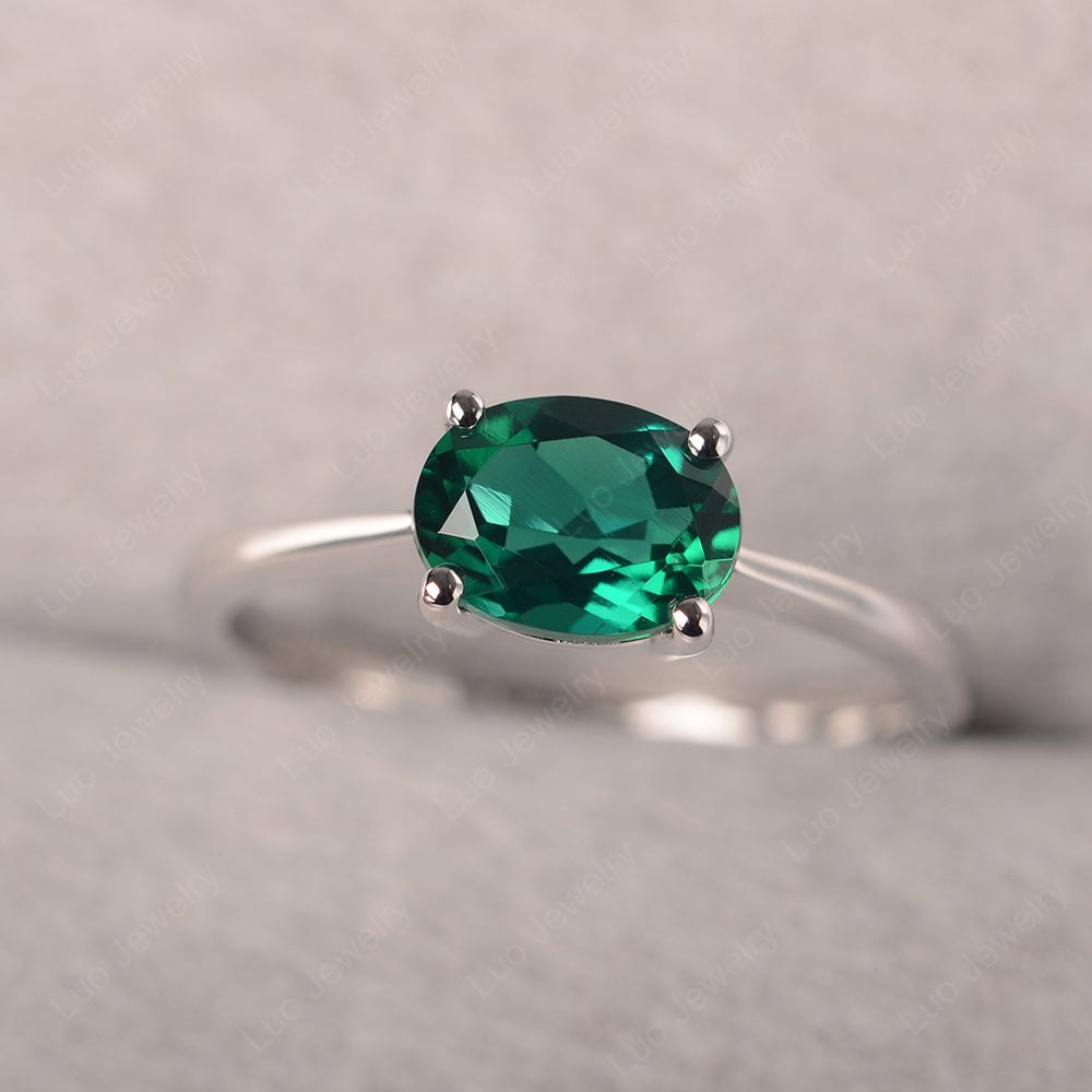 Lab Emerald Horizontal Oval Solitaire Engagement Rings - LUO Jewelry