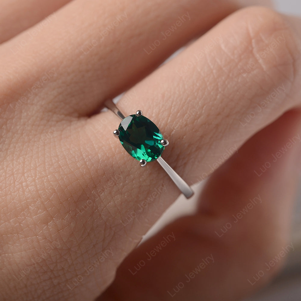 Lab Emerald Horizontal Oval Solitaire Engagement Rings - LUO Jewelry