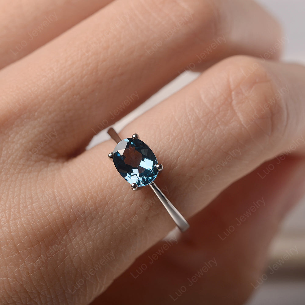 London Blue Topaz Horizontal Oval Solitaire Engagement Rings - LUO Jewelry