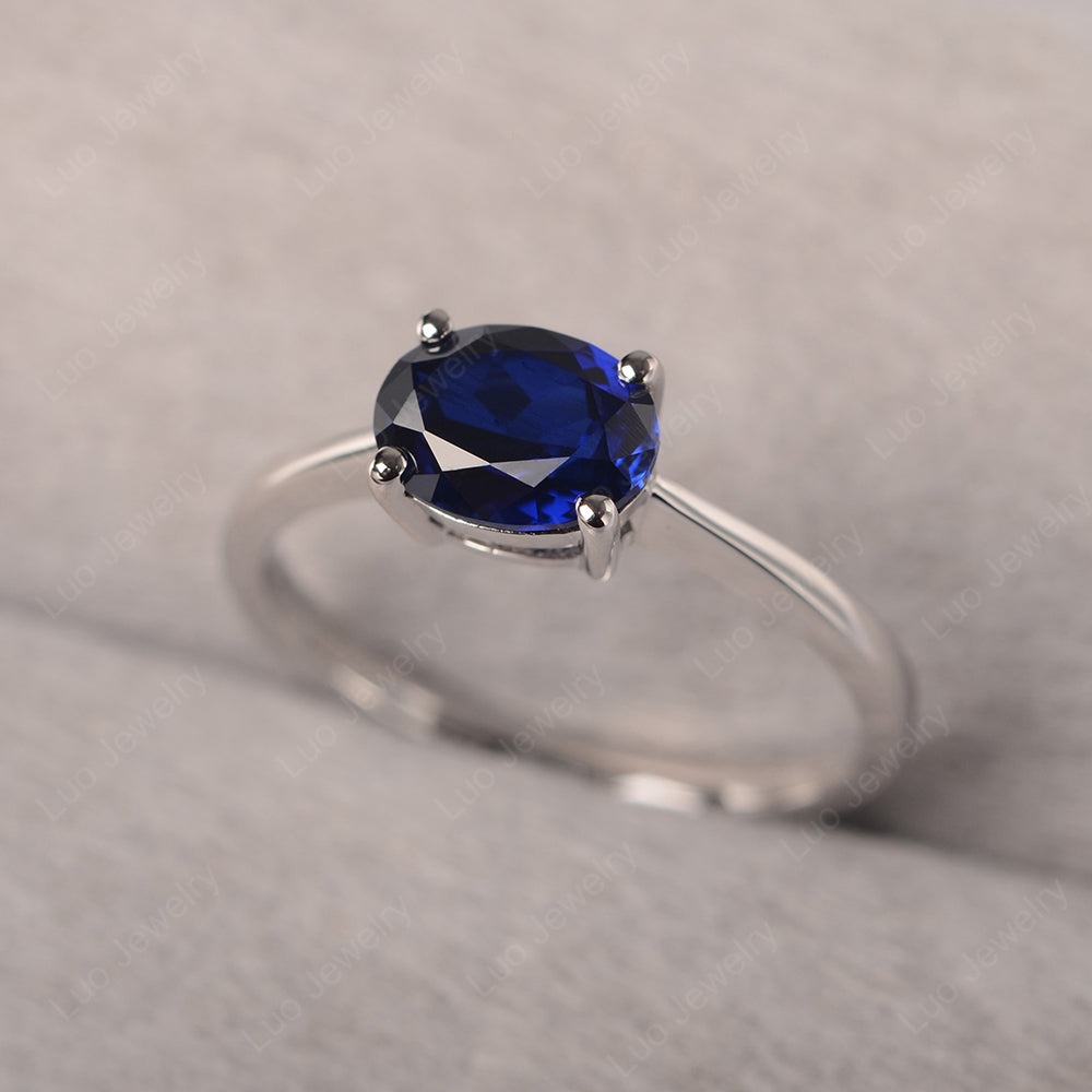 Lab Sapphire Horizontal Oval Solitaire Engagement Rings - LUO Jewelry