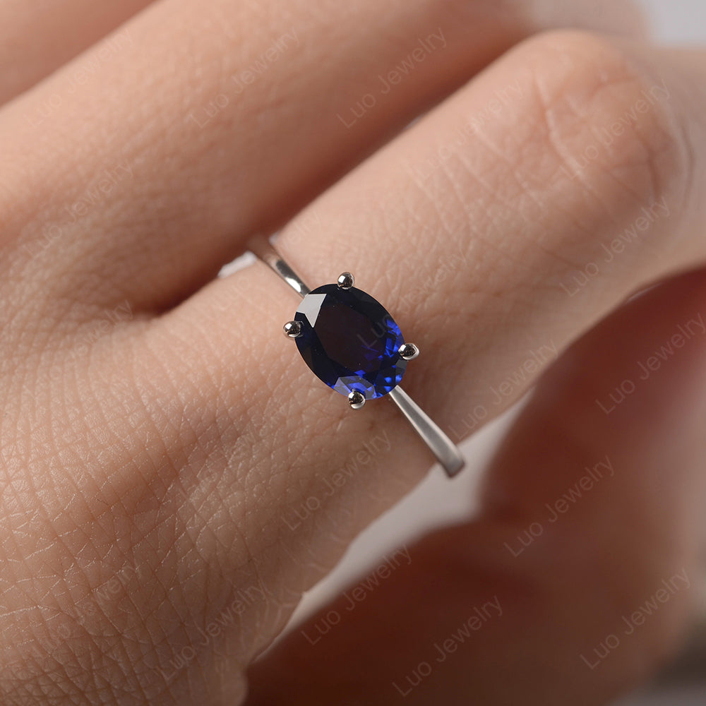 Lab Sapphire Horizontal Oval Solitaire Engagement Rings - LUO Jewelry
