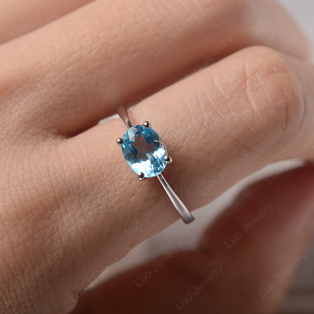 Swiss Blue Topaz Horizontal Oval Solitaire Engagement Rings - LUO Jewelry
