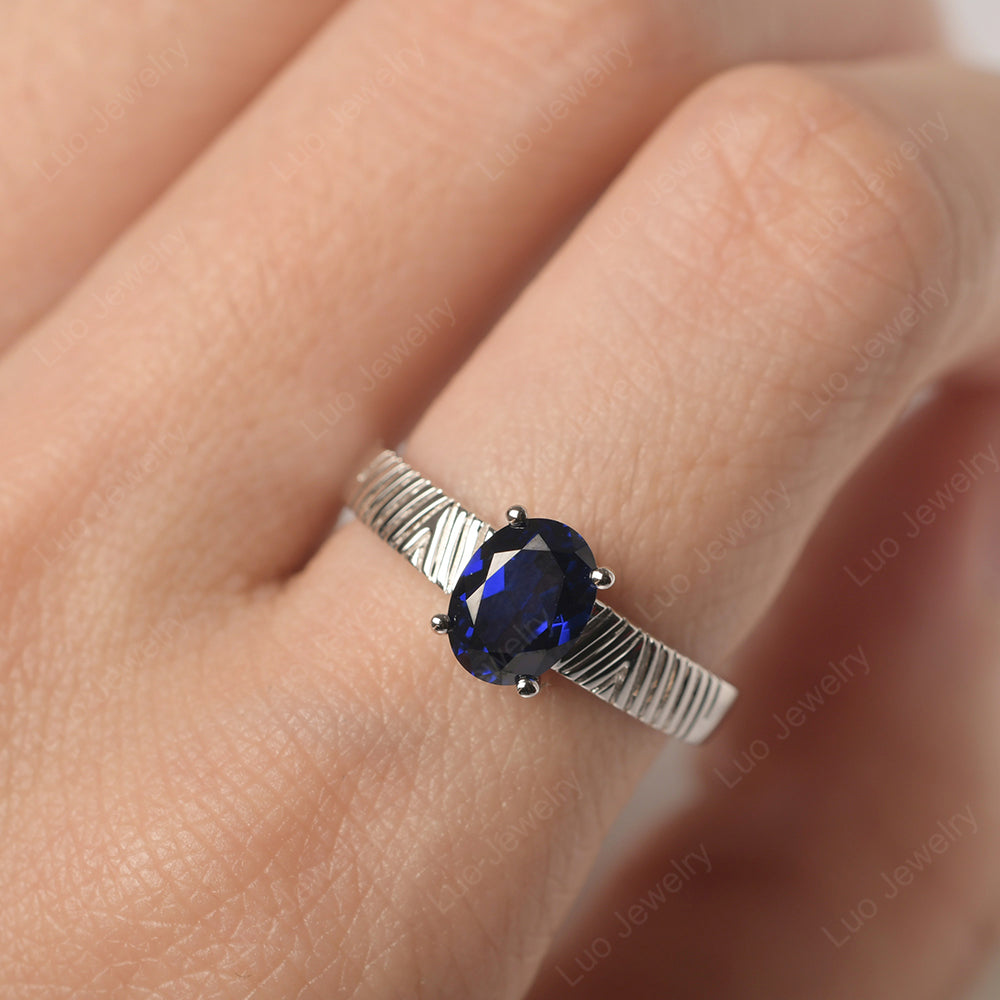 Oval Lab Sapphire Wide Band Engagement Ring - LUO Jewelry