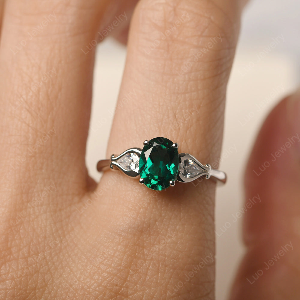 Vintage Lab Emerald Ring With Pear Side Stones - LUO Jewelry