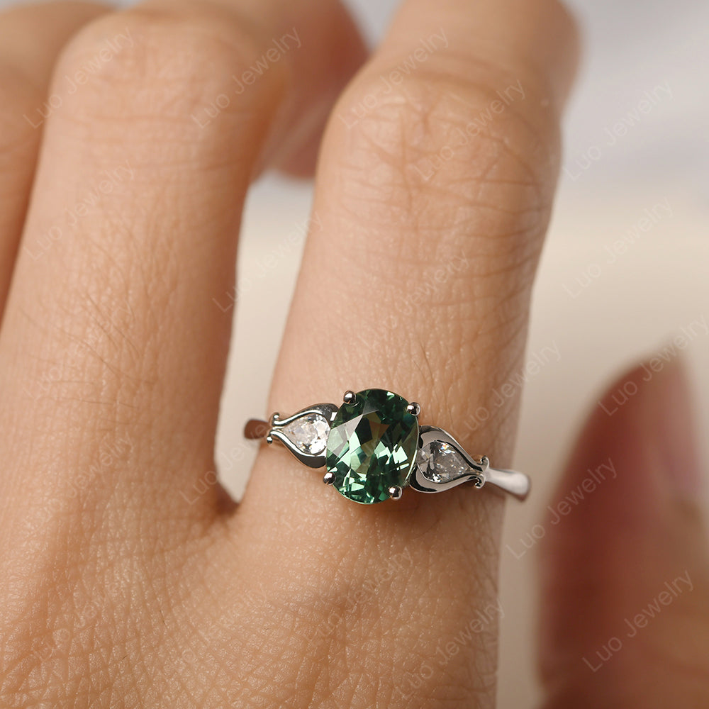 Vintage Green Sapphire Ring With Pear Side Stones - LUO Jewelry