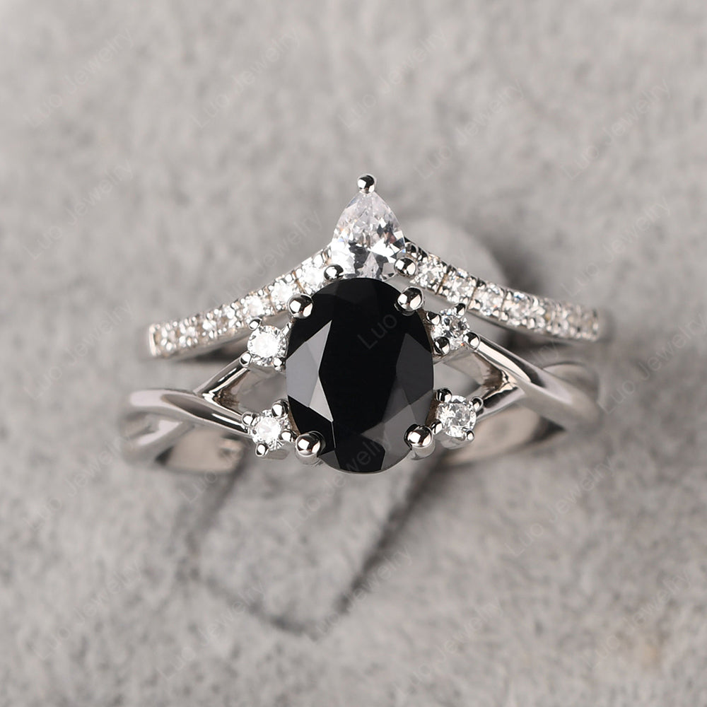 Split Shank Black Spinel Ring With Wedding Band - LUO Jewelry