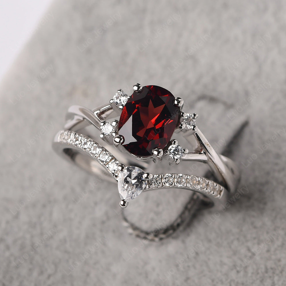 Split Shank Garnet Ring With Wedding Band - LUO Jewelry