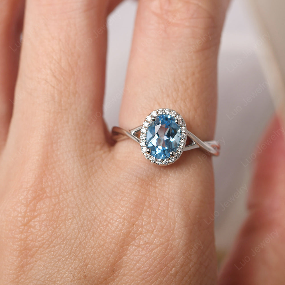 Oval Swiss Blue Topaz Halo Engagement Ring - LUO Jewelry