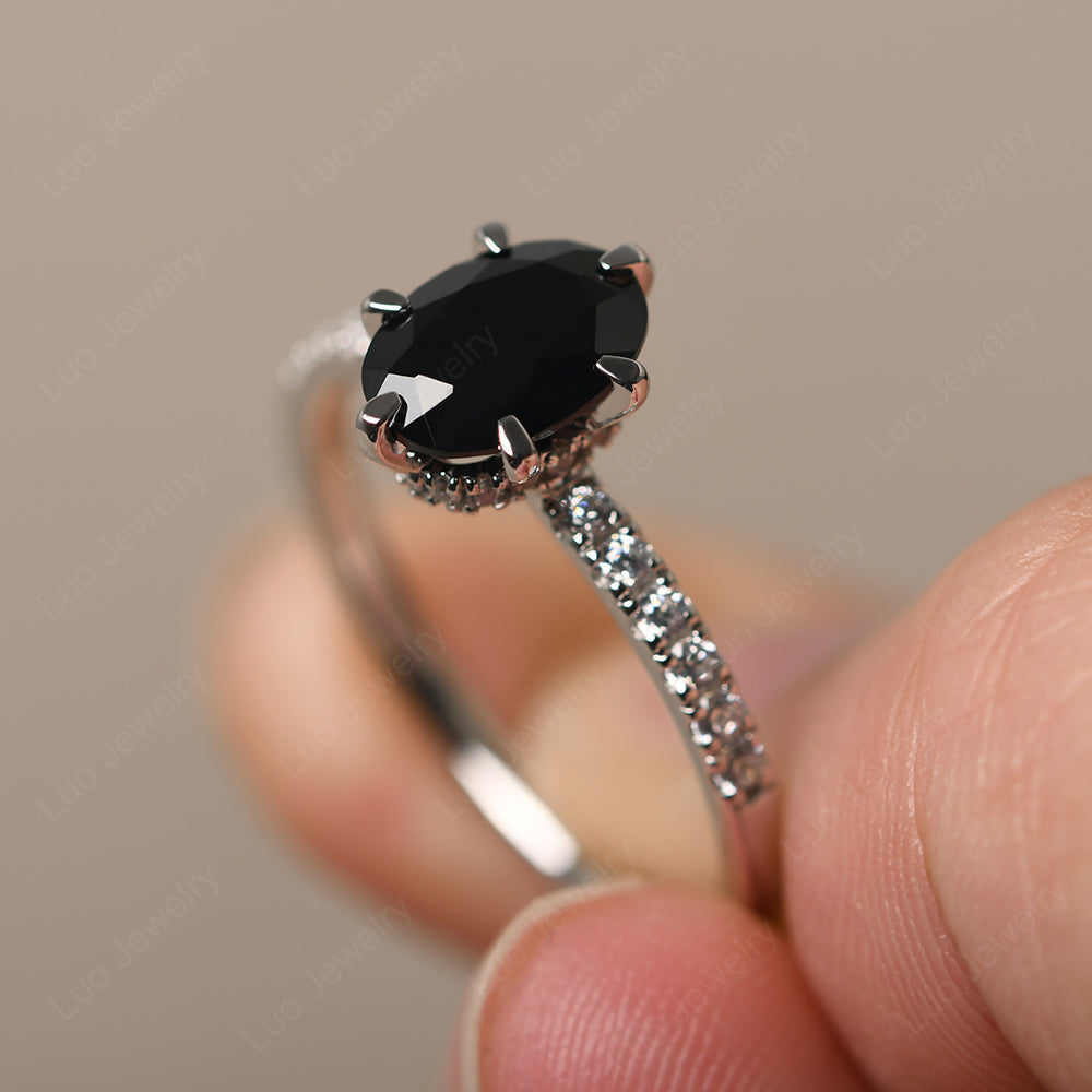 Black Spinel Hidden Halo Oval Engagement Ring - LUO Jewelry