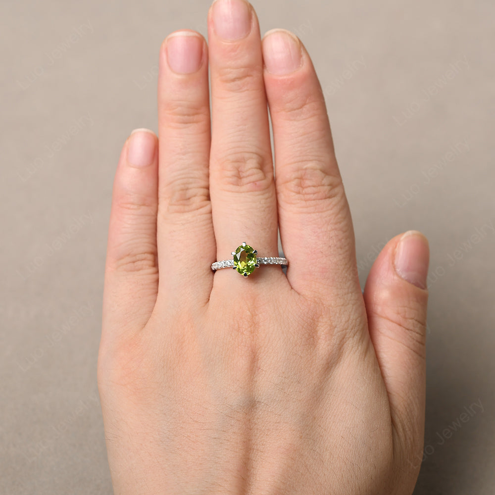 Peridot Hidden Halo Oval Engagement Ring - LUO Jewelry