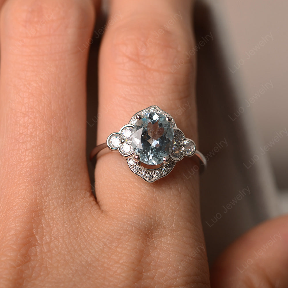 Oval Aquamarine Halo Engagement Art Deco Ring - LUO Jewelry