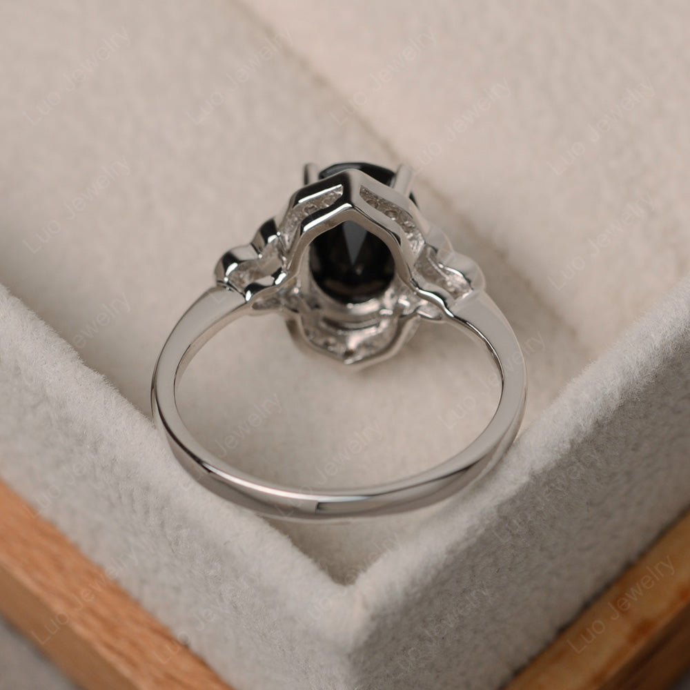 Oval Black Spinel Halo Engagement Art Deco Ring - LUO Jewelry