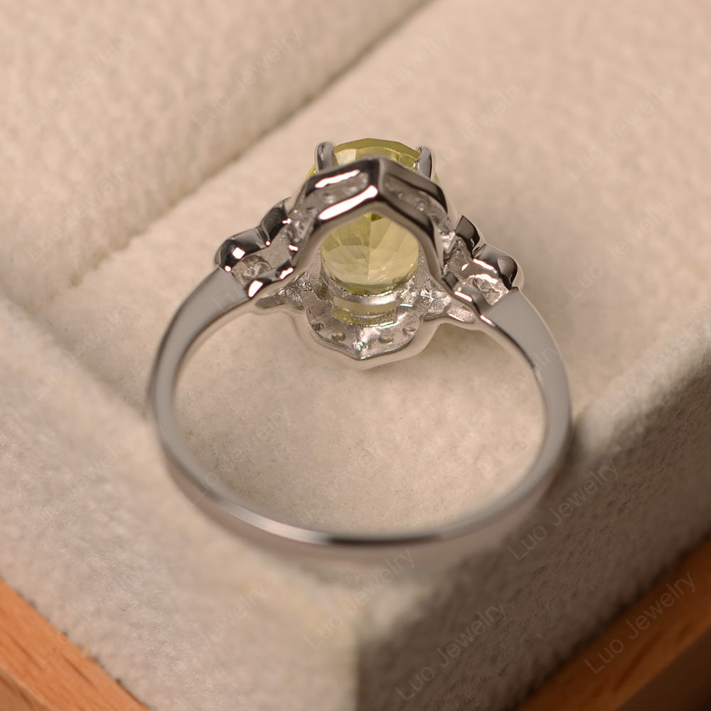 Oval Lemon Quartz Halo Engagement Art Deco Ring - LUO Jewelry