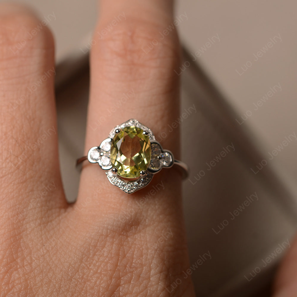Oval Lemon Quartz Halo Engagement Art Deco Ring - LUO Jewelry