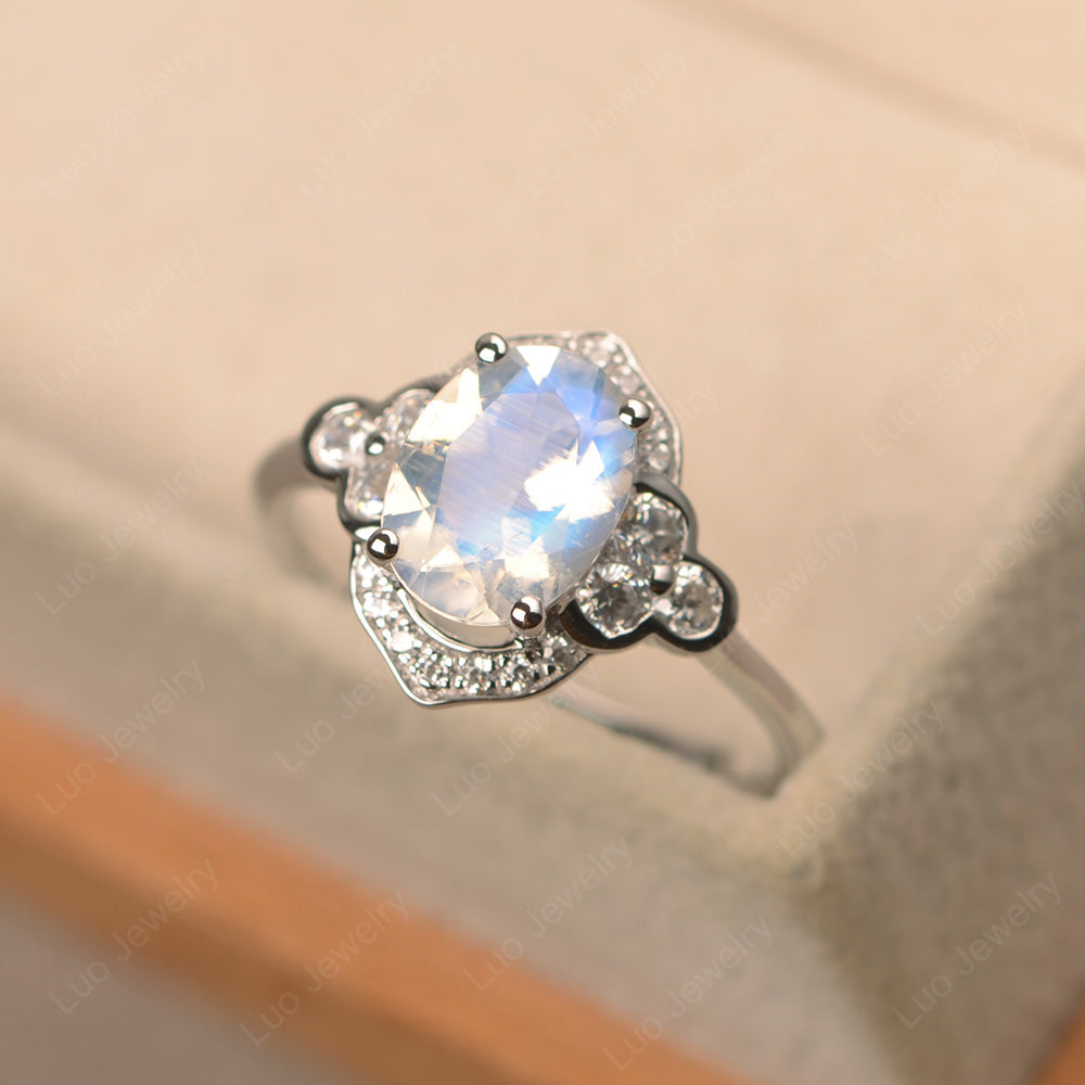 Oval Moonstone Halo Engagement Art Deco Ring - LUO Jewelry