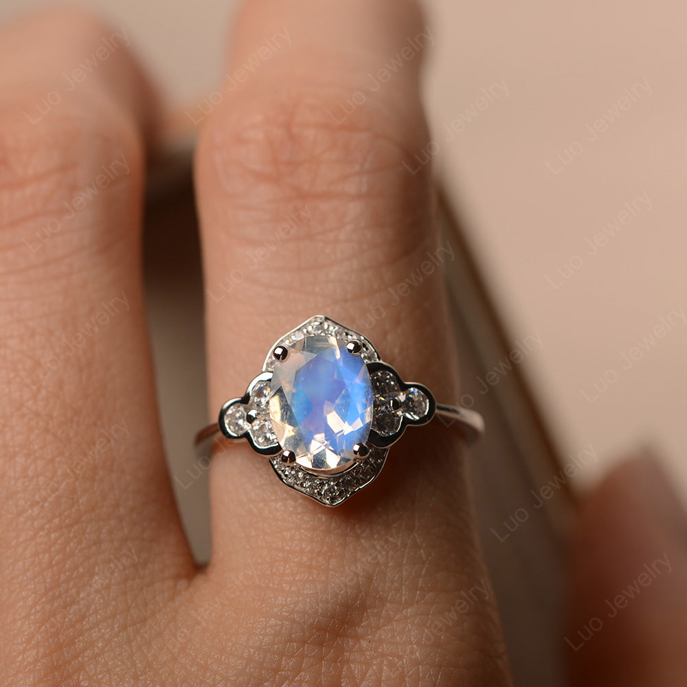 Oval Moonstone Halo Engagement Art Deco Ring - LUO Jewelry