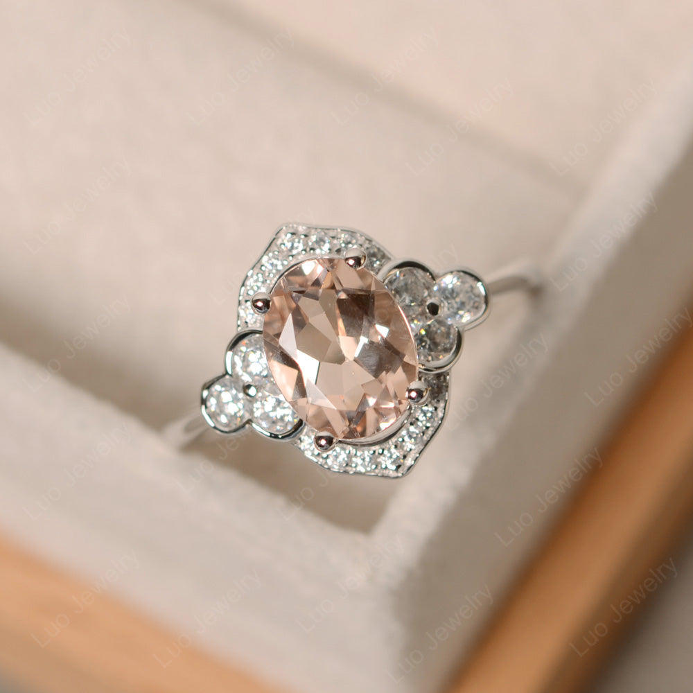 Oval Morganite Halo Engagement Art Deco Ring - LUO Jewelry