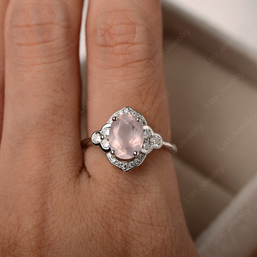 Oval Rose Quartz Halo Engagement Art Deco Ring - LUO Jewelry
