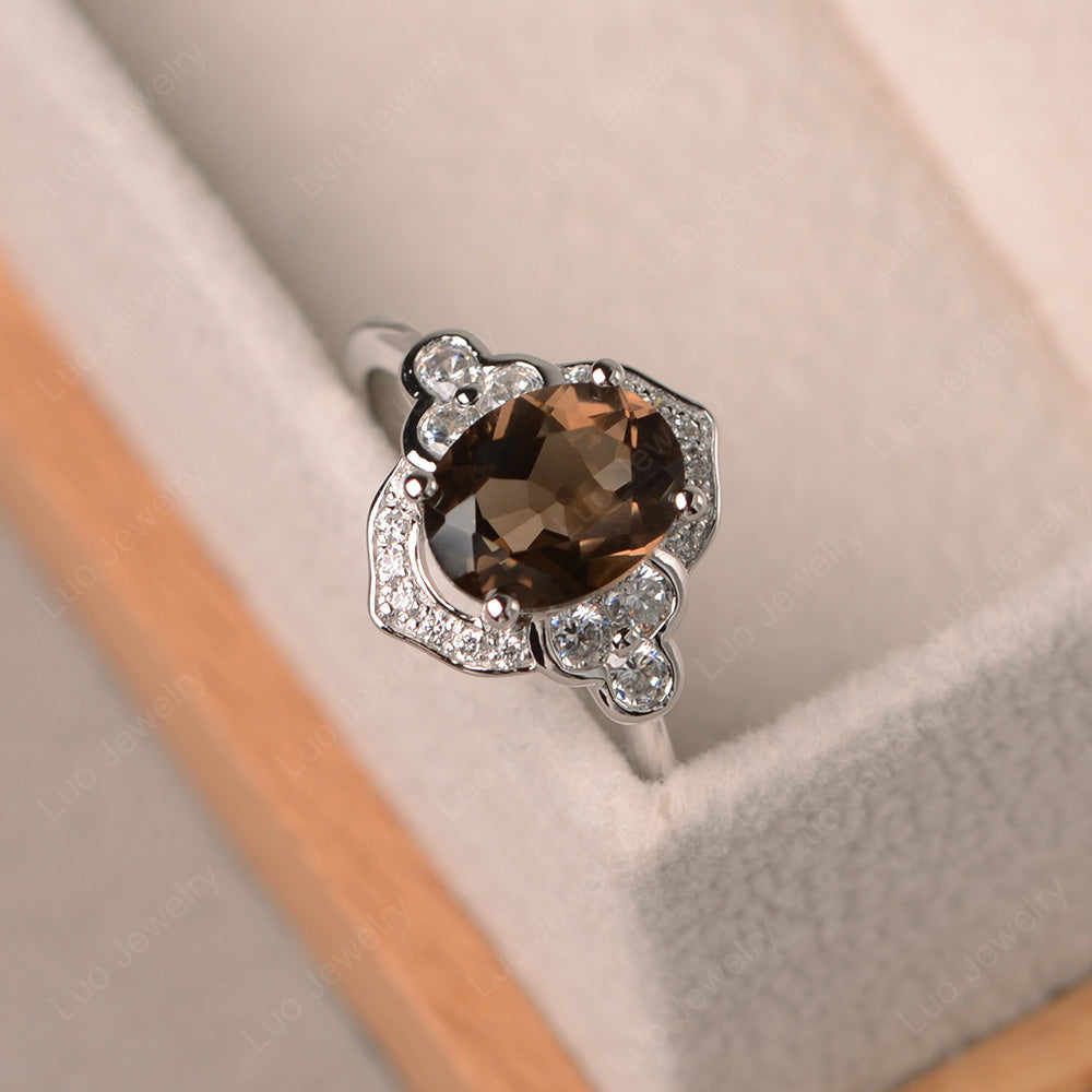 Oval Smoky Quartz  Halo Engagement Art Deco Ring - LUO Jewelry