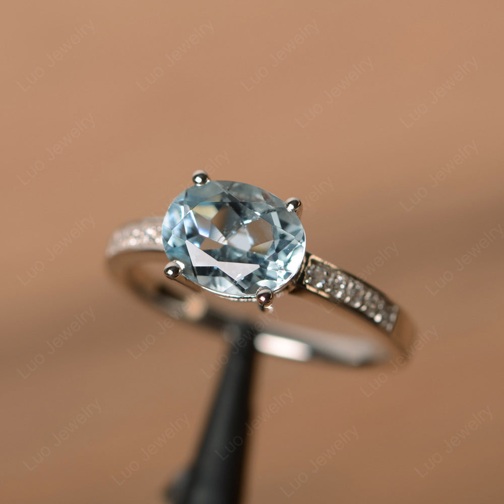 Oval Cut East West Aquamarine Wedding Ring - LUO Jewelry