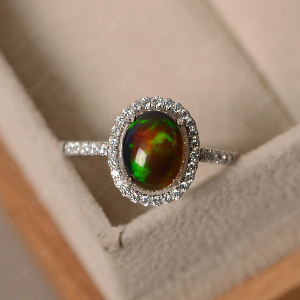 Black Opal Ring Oval Shape Halo Ring - LUO Jewelry