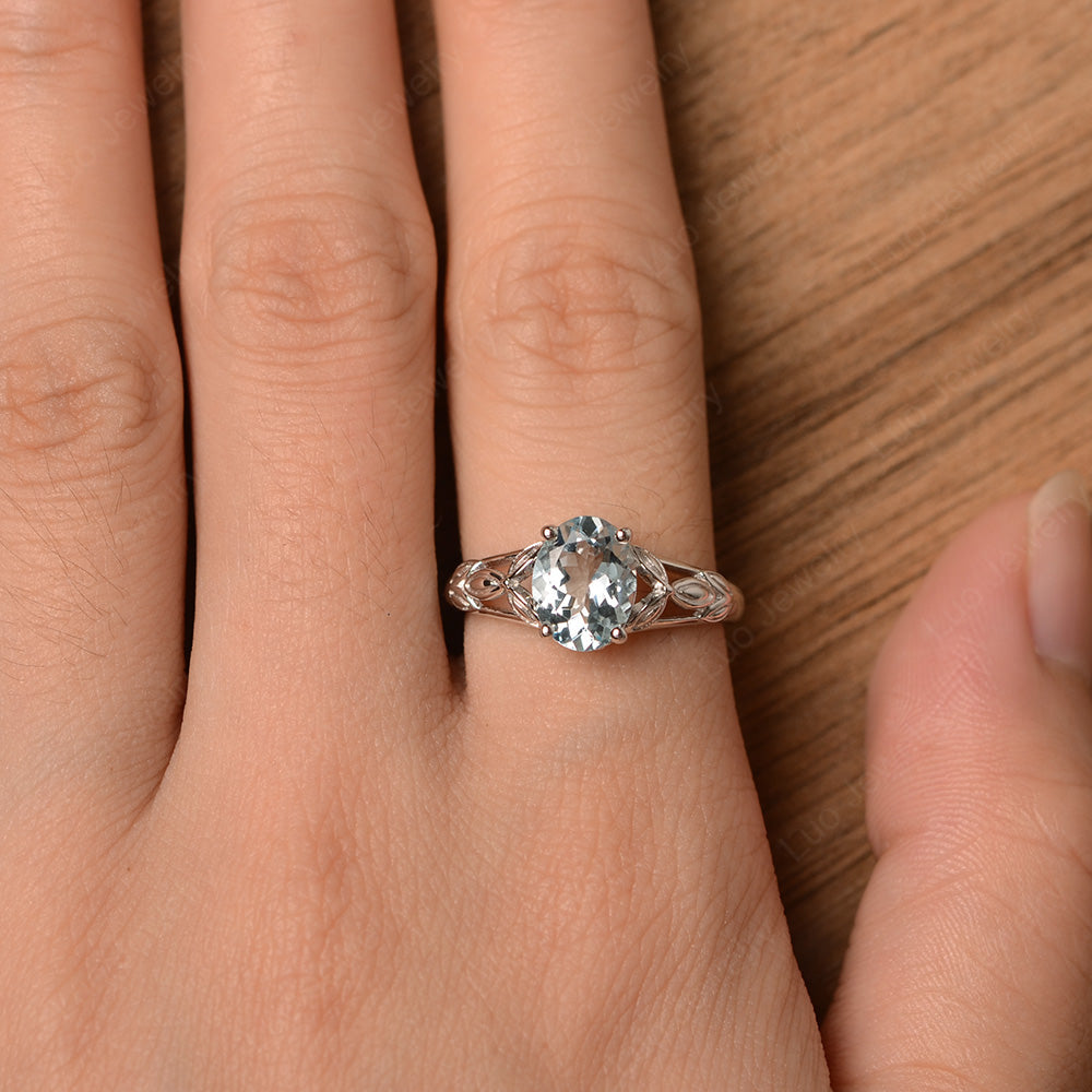 Oval Shaped Aquamarine Solitaire Ring Art Deco - LUO Jewelry