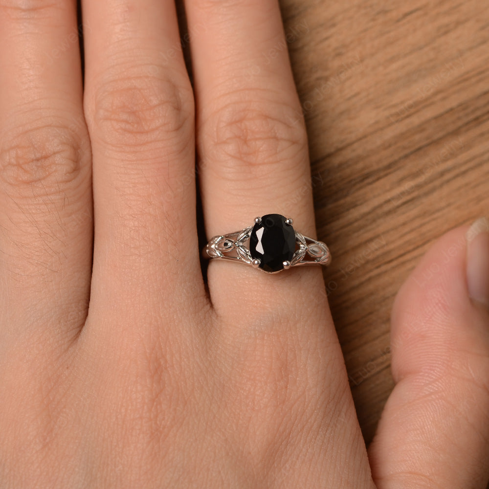 Oval Shaped Black Stone Solitaire Ring Art Deco - LUO Jewelry