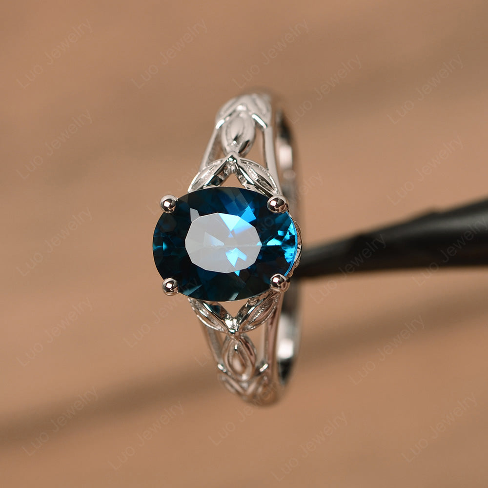 Oval Shaped London Blue Topaz Solitaire Ring Art Deco - LUO Jewelry