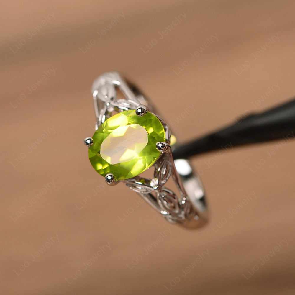 Oval Shaped Peridot Solitaire Ring Art Deco - LUO Jewelry