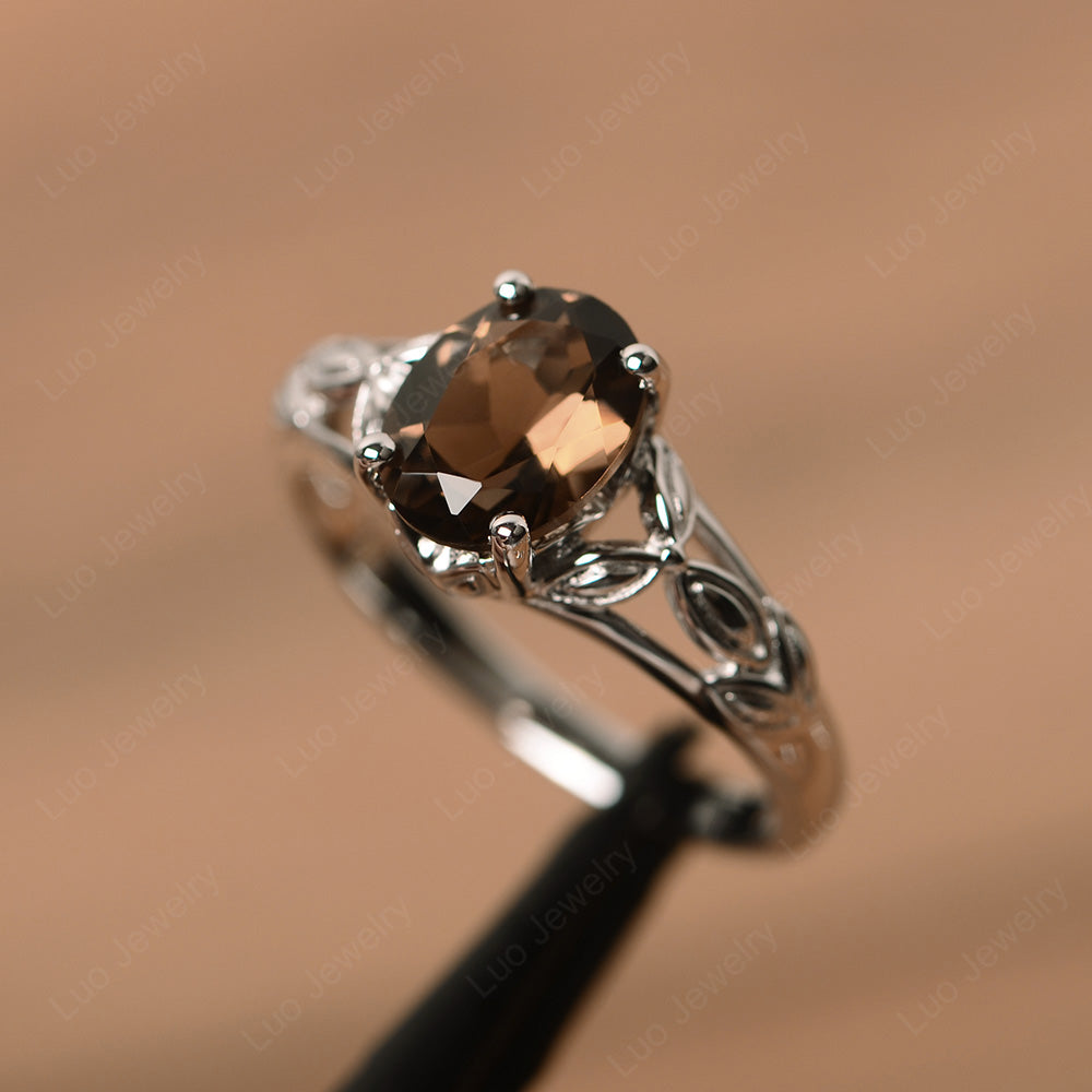Oval Shaped Smoky Quartz  Solitaire Ring Art Deco - LUO Jewelry