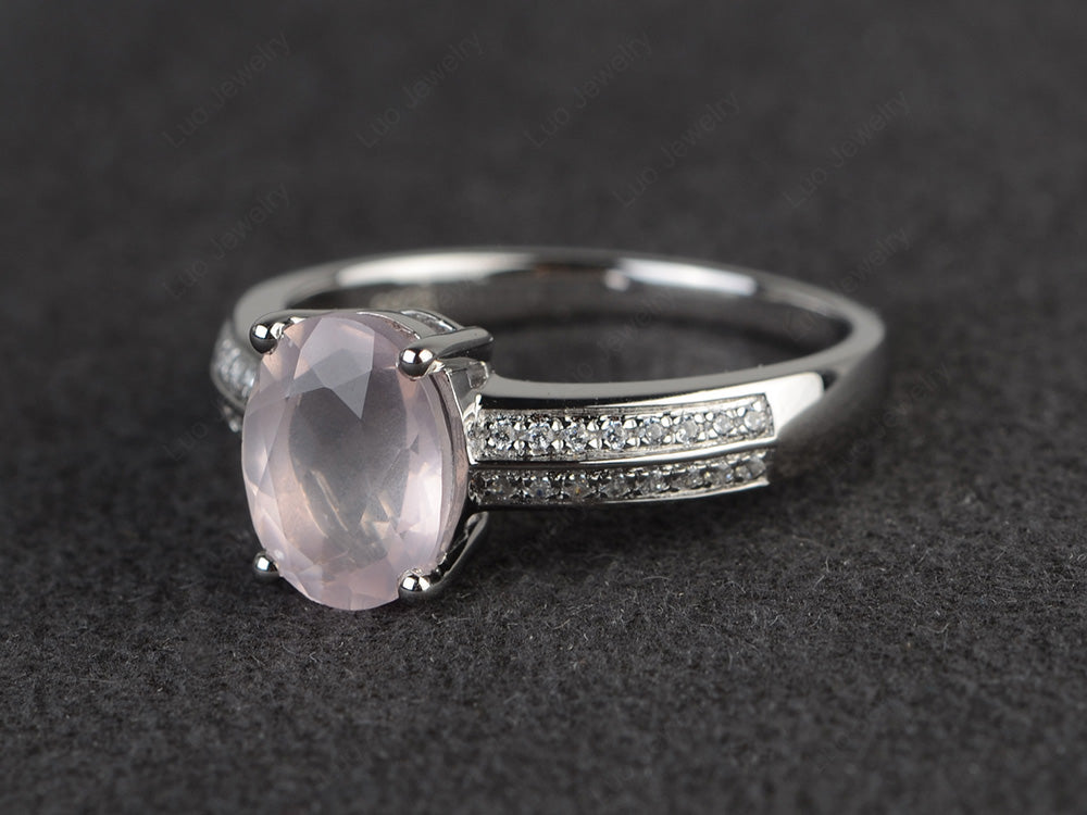 Double Pave Oval Cut Rose Quartz Ring White Gold - LUO Jewelry