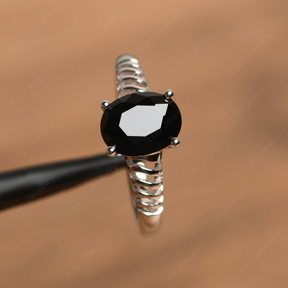 Oval Cut Black Stone Solitaire Wedding Ring - LUO Jewelry