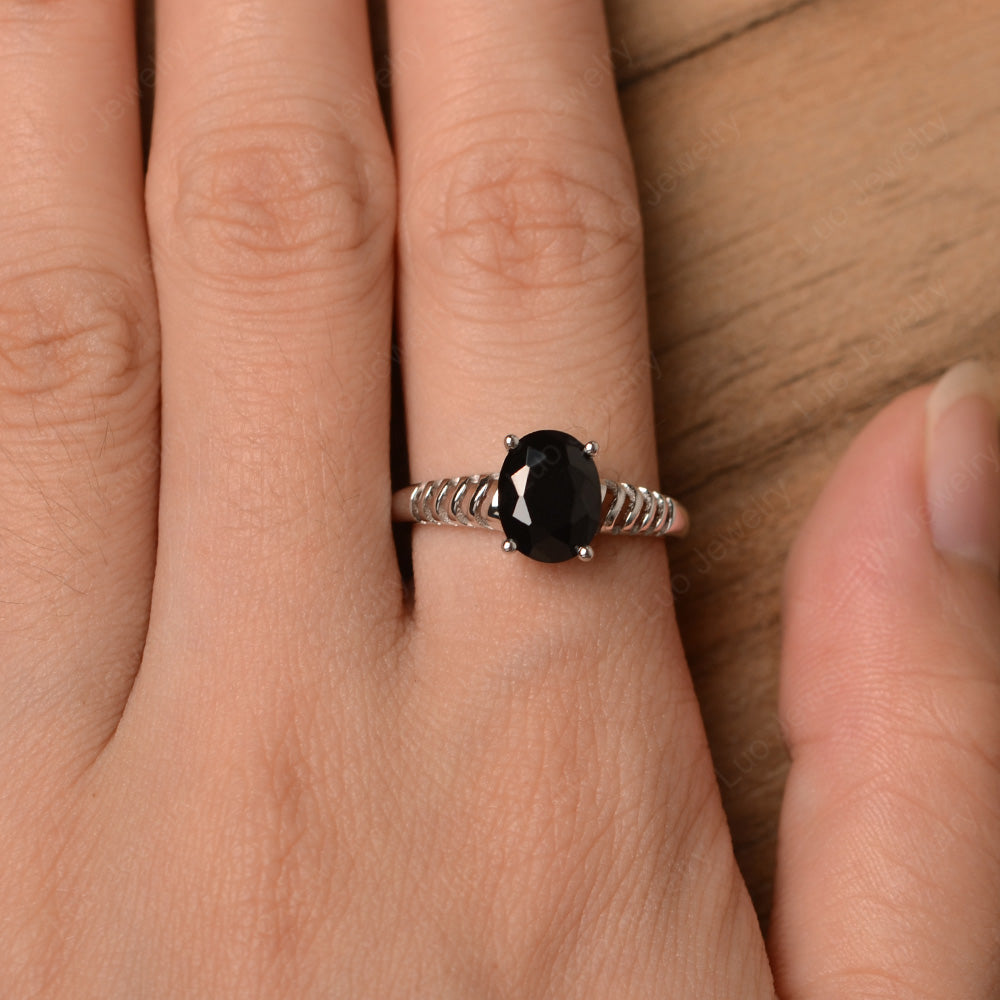 Oval Cut Black Stone Solitaire Wedding Ring - LUO Jewelry