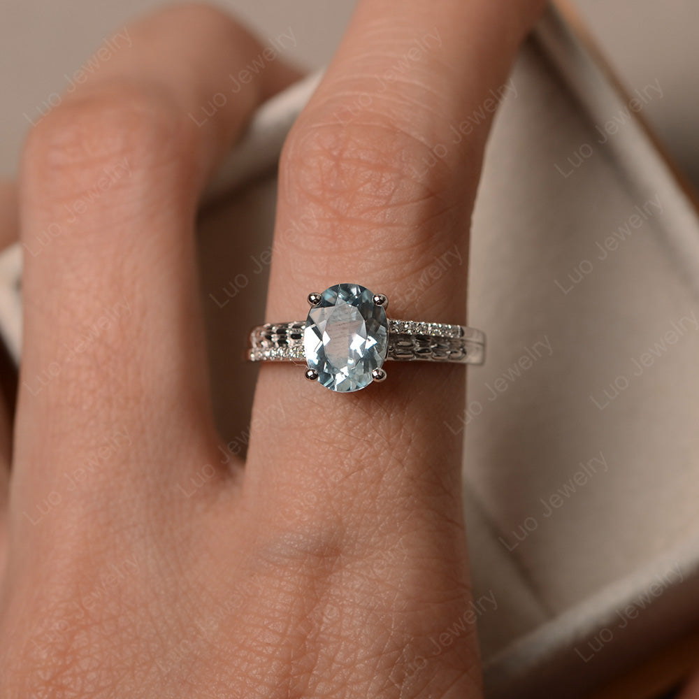 Oval Cut Vintage Aquamarine Ring White Gold - LUO Jewelry