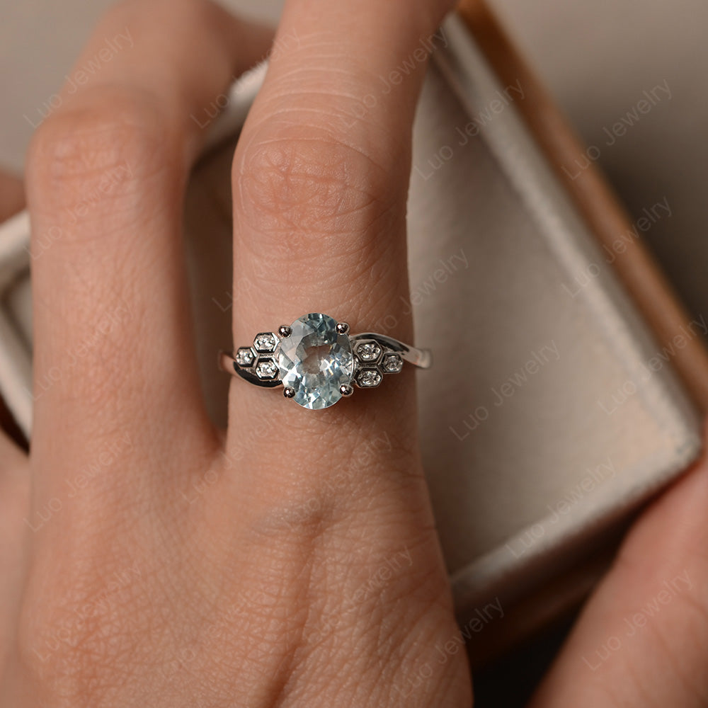 Oval Cut Eccentric Aquamarine Ring Yellow Gold - LUO Jewelry
