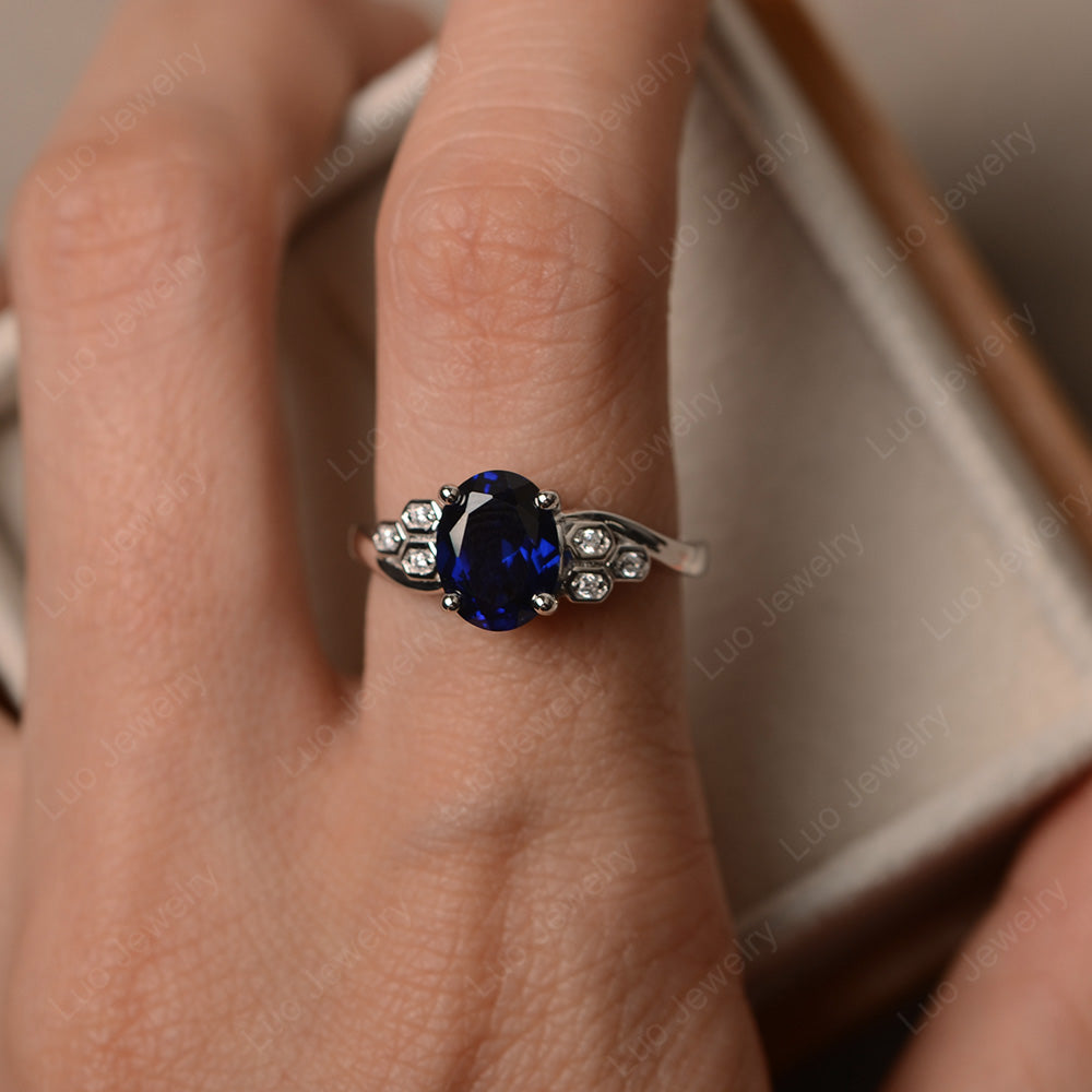 Oval Cut Eccentric Lab Sapphire Ring Yellow Gold - LUO Jewelry