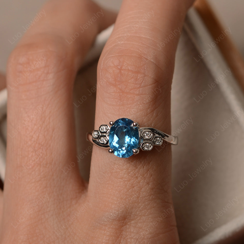 Oval Cut Eccentric Swiss Blue Topaz Ring Yellow Gold - LUO Jewelry