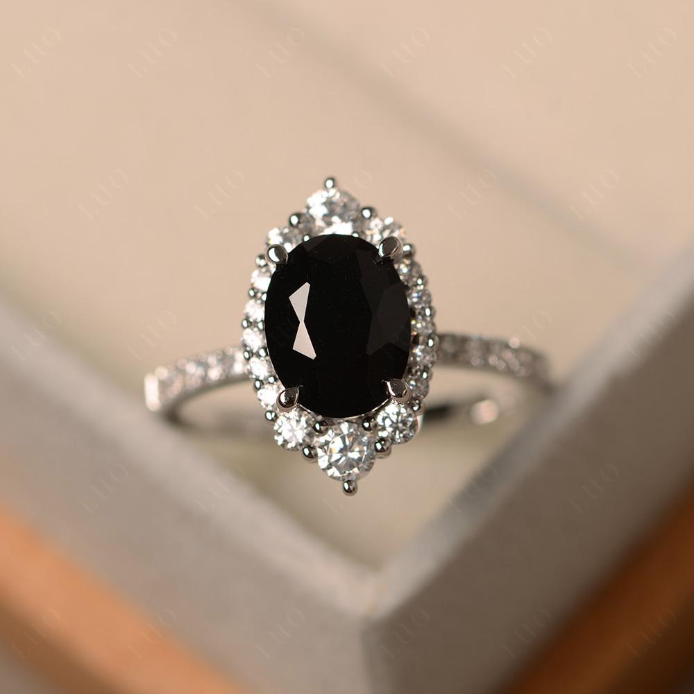 Black Stone Ring Halo Engagement Ring - LUO Jewelry