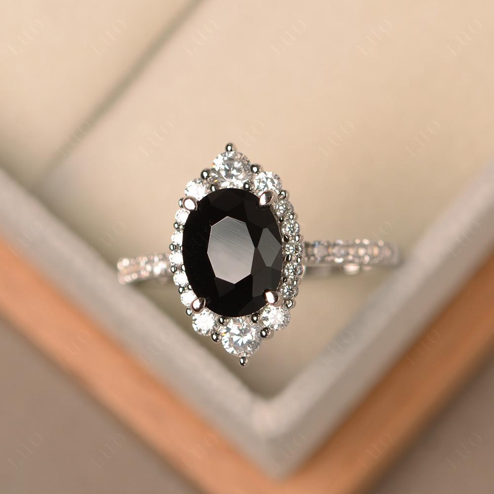 Black Stone Ring Halo Engagement Ring - LUO Jewelry