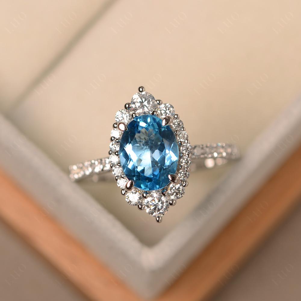 Swiss Blue Topaz Ring Halo Engagement Ring - LUO Jewelry