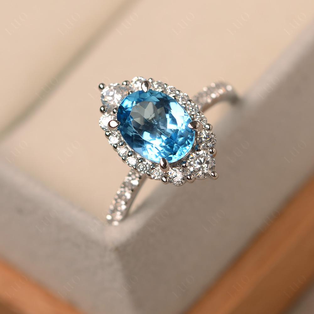 Swiss Blue Topaz Ring Halo Engagement Ring - LUO Jewelry